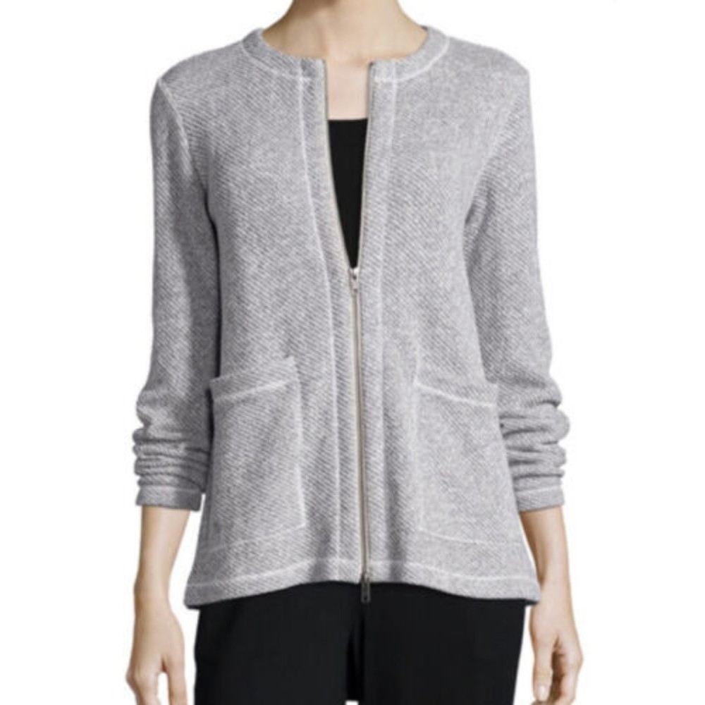 Eileen Fisher Knit Organic Cotton Women's Gray Ivory Full Zip Jacket SP - Picture 2 of 6